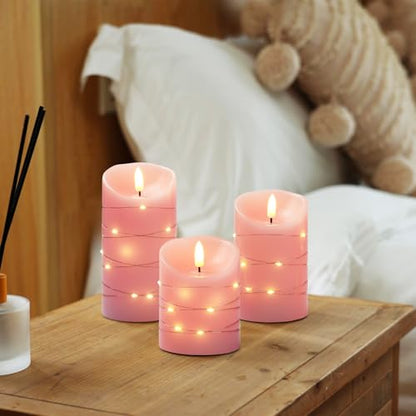 Homemory Flameless Candles with String Lights, 3 Pack Embedded Fairy String Lights LED Candles, Electric Flickering Candles with Remote Control and Timer, Real Wax, Pink - color: Pink