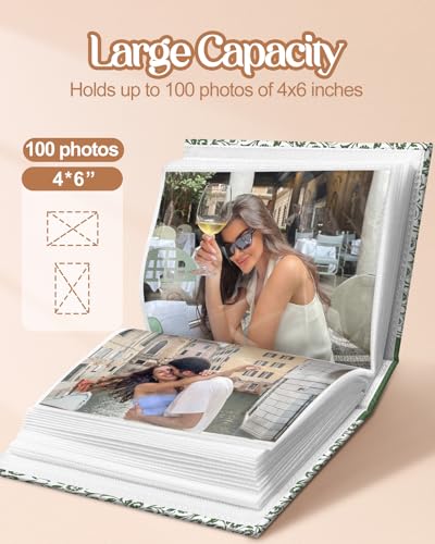 Slohif Photo Album 4x6 Pictures Leather Small Memory Book Keepsake for Family Wedding Postcard 100 Pockets Personalized Couples Photobook for Engagement Travel Vacation Birthday Honeymoon Green Retro - style: Geometry