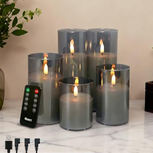 LEDHOLYT Rechargeable Flameless Candles, Realistic Flickering LED Flame,Real Wax Candle with Remote Control and Timer, Clear Glass Electronic Candles, 1 Set of 5（Gray） - color: Gray-Droplet 5Pcs