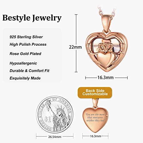 Bestyle Sterling Silver Heart Locket Necklace for Women, Dainty Cute Small Heart Locket Pendant in Gold/Rose Gold/Silver, Love Statement Jewelry Gift for Mother Wife - color: C1. Claddagh-Rose Gold-Locket Only, NO Custom