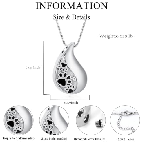 zeqingjw ﻿Pet Paw Print Teardrop Cremation Jewelry Stainless Steel Urn Necklace for Ashes for Dog/Cat Ashes Keepsake Gift for Pet Lovers - color: Silver