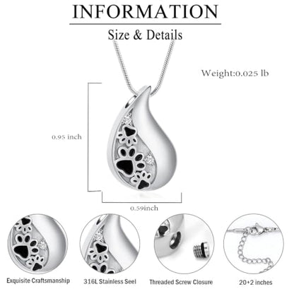 zeqingjw ﻿Pet Paw Print Teardrop Cremation Jewelry Stainless Steel Urn Necklace for Ashes for Dog/Cat Ashes Keepsake Gift for Pet Lovers - color: Silver