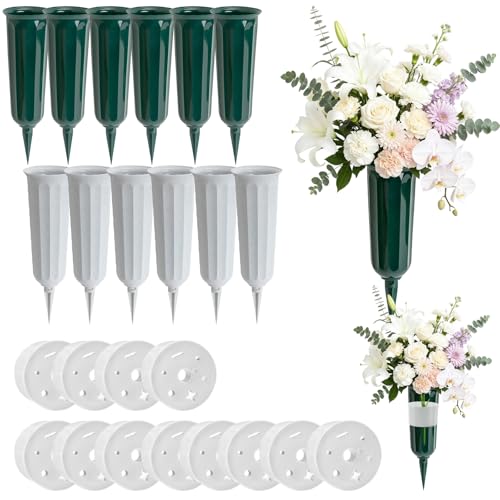 Cemetery Vases for Grave，12 Pack Cemetery Flower Holder with Spikes，Grave Decorations for Cemetery Memorial Plastic Cemetery Floral Vase (12, Green+Gray) - color: Green+gray