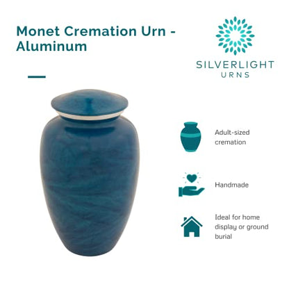 Monet Cremation Urn for Ashes, Aluminum, Blue Urn, Adult Sized Cremation Urn, 10.5 Inches High - color: Blue
