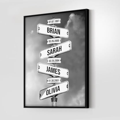 Personalized Family Names with Date Of Birth Canvas Wall Art, Street Sign Multi-Names Canvas, Street Signs Customized, Family Wall Decor For Living Room, Custom Family Names Canvas Gift (24x18) - size: 24x18