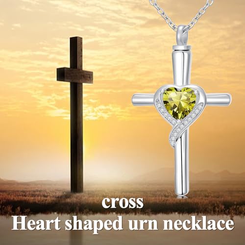TOUPOP Cross Urn Necklaces for Ashes Birthstone Cremation Jewelry 925 Sterling Silver Cross Memorial Keepsake Funeral Jewelry for Women (with Funnel Filler) - color: 08-August-Peridot