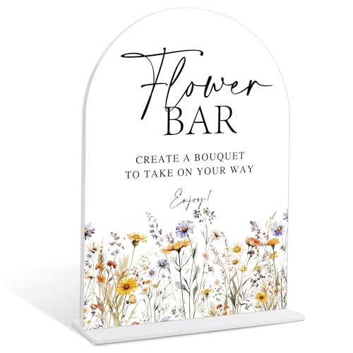 Wedding Signs for Ceremony and Reception, Boho Floral Acrylic Flower Bar Sign, Wedding Signage with Stand, Bridal Shower Table Centerpieces, Flower Bar Supplies for Engagement Reception Events, 22 - color: Flower Bar Sign, 22
