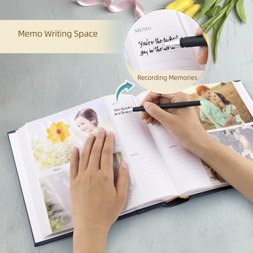 Photo Album Hold 200 4x6 Photos with Memo Writing Space (Dark Blue) | Faux Leather Picture Book Fits 4x6 Photo, 200 Pockets Great for Wedding Family Holidays - color: Dark Blue