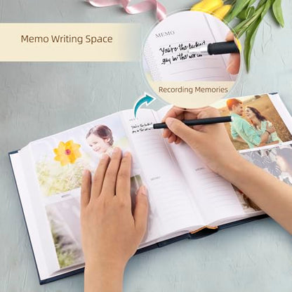 Photo Album Hold 200 4x6 Photos with Memo Writing Space (Dark Blue) | Faux Leather Picture Book Fits 4x6 Photo, 200 Pockets Great for Wedding Family Holidays - color: Dark Blue