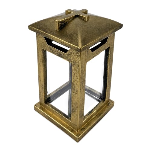 Cross Memorial Lantern - Antique Copper Resin Outdoor Cemetery Lantern with Real Glass, Christian Sympathy Gift for Loss of Loved One