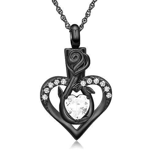 Roseflower Cremation Jewelry Heart Urn Necklace for Ashes for Women Gilrs Memorial Keepsake Birthstone Pendant Necklaces for Ashes of Loved Ones - color: Black-white