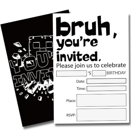 Pixel Birthday Party Invitations for Boys Video Game Cards 20 Envelopes - color: Black & White Mining