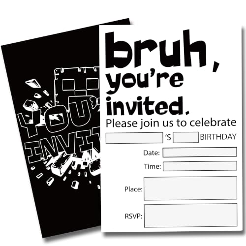 Pixel Birthday Party Invitations for Boys Video Game Cards 20 Envelopes - color: Black & White Mining