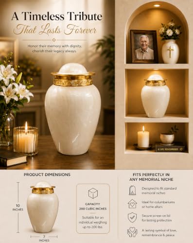 BOLD & DIVINE Pearl White Cremation Urn | Human Ashes Adult Memorial urn, Burial, Funeral Cremation Urns | 200 Cubic Inches (Large/Adult) with Velvet Bag