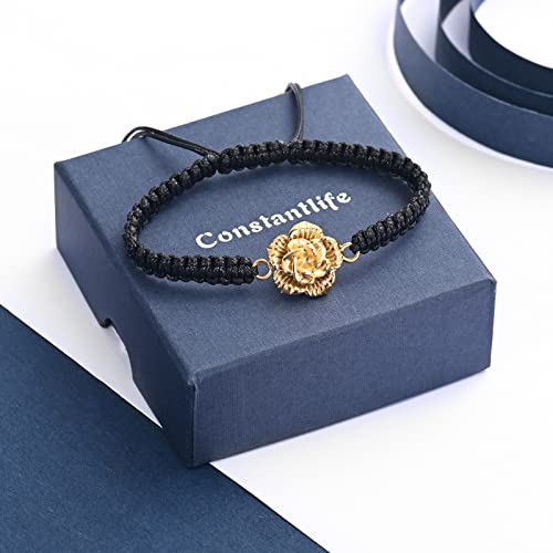 Rose Flower Ashes Bracelet Adjustable Braided Rope Cremation Jewelry | mini urn, stainless steel material, for women, waterproof sealed ring & lobster clasp keep ashes secure, with a filling tool - color: Golden