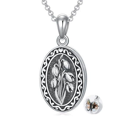 Birth Flower Photo Locket Necklace 925 Sterling Silver 12 Month Locket Necklace with Picture Birth Flower Photo Jewelry Gifts for Women Mother Mom Daughter - color: 01-January-Snowdrop, style: 1.no custom