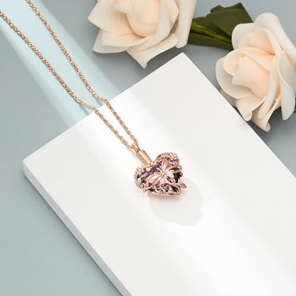 shajwo Butterfly Heart Urn Necklaces Cremation Jewelry for Ashes for Women Men Memorial Human Ashes Pendant - color: A Rose Gold-Purple