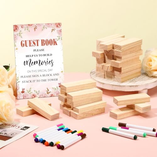 Beeveer 80 Pcs Wedding Guest Book Alternative Wooden Block Guest Book for Wedding Sign in Bridal Shower Decoration 54 Pcs Wooden Block Bridal Shower Game for Sign in, Reception(Floral) - style: Floral