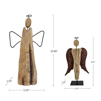 Rustic Wood Angel Figurine Hand Craved Sculpture Tabletop Decor Statue Home - size: 10.8" H,8.25" H