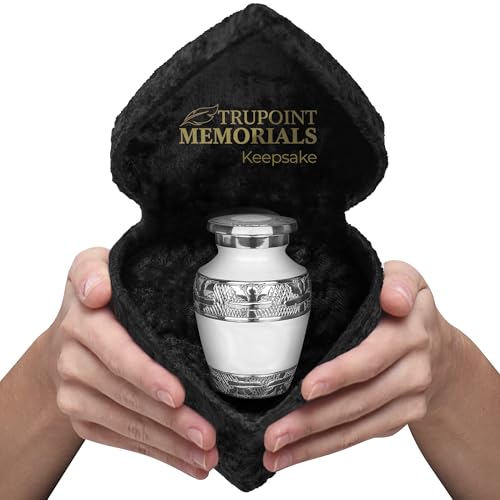 Trupoint Memorials Small Urns for Human Ashes Keepsake, Decorative Mini Cremation Urn for Adult Men and Women, Small White with Velvet Heart Box - color: White Silver Lining