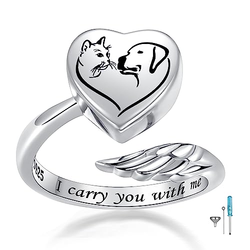 Sterling Silver Urn Rings for Ashes for Women: Angel Wing Opal Cremation Jewelry Rings for Ashes of Loved Ones - Cat Dog Memorial Keepsake Open Adjustable Ring Jewelry for Women - style: Dog Cat Urn Rings