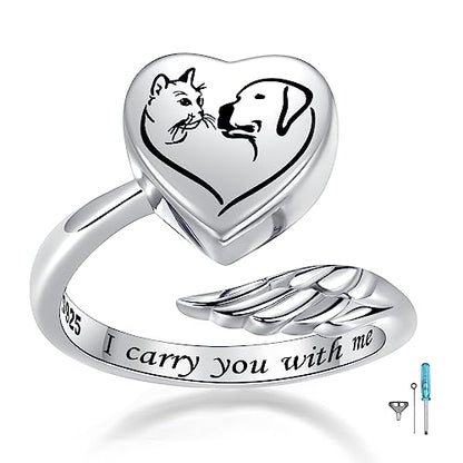 Sterling Silver Urn Rings for Ashes for Women: Angel Wing Opal Cremation Jewelry Rings for Ashes of Loved Ones - Cat Dog Memorial Keepsake Open Adjustable Ring Jewelry for Women - style: Dog Cat Urn Rings