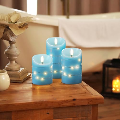 Homemory Flameless Candles with String Lights, 3 Pack Embedded Fairy String Lights LED Candles, Electric Flickering Candles with Remote Control and Timer, Real Wax, Blue - color: Blue