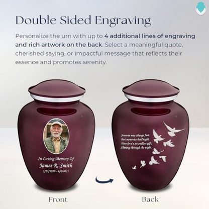 Geturns Embrace Adult Personalized Doves Cremation Urns for Human Ashes I Large Picture Cherry Purple Funeral Urn for Adult Men and Women with Double Side Engraving I 200 lbs - color: _Cherry Purple (Double Sided)