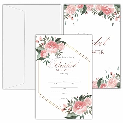 Bridal Shower Invitations, 25 Floral Invites with Envelopes for Bridal Shower Wedding Reception Engagement Party, Spring Wedding Party Cards - A05 - style: Pink Floral 2