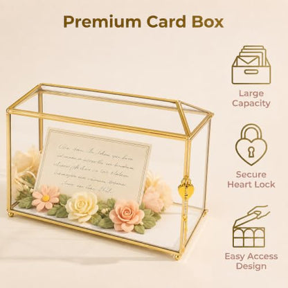 Glass Wedding Card Box with Slot and Lock, Gold Card Box 12.6" | Clear Brass Frame Card Box for Wedding Reception, Decorative Storage Box for Baby Shower, Birthday Party, Bridal Shower - size: 12.6" Gold without Arch