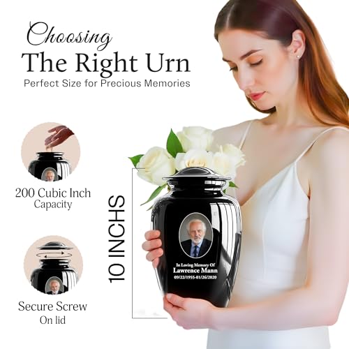 Custom Photo Cremation Urns for Human Ashes Adult Male Female - 200lbs Personalized Text Burial Urns for Human Ashes - Engraved Handcrafted Funeral Urn for Adult Velvet Bag, Black 10 Inch - color: Black