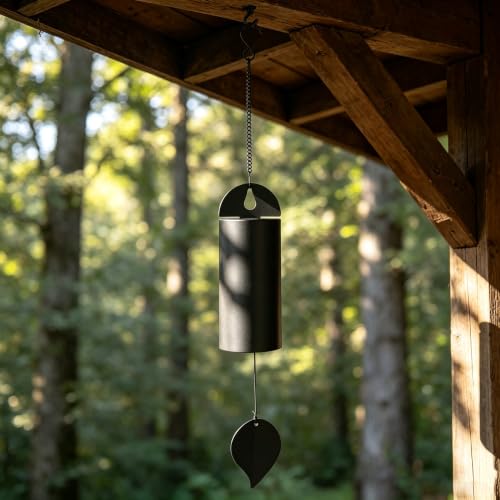 Large Deep Tone Wind Chimes for Outside, Metal Wind Bell with Leaf Wind Catcher, Big Deep Wind Chimes for Patio and Garden, Meditation & Rustic Home Decor, Rain Bells for Outside, Black - color: Black