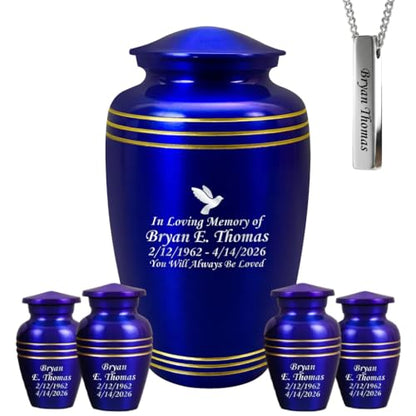 Set of 6 Custom Engraved Cremation Urns for Human Ashes Includes 1 Large Urn with 4 Small Keepsakes & 1 Silver Necklace - Royal Blue - color: Royal Blue Custom Urn Set
