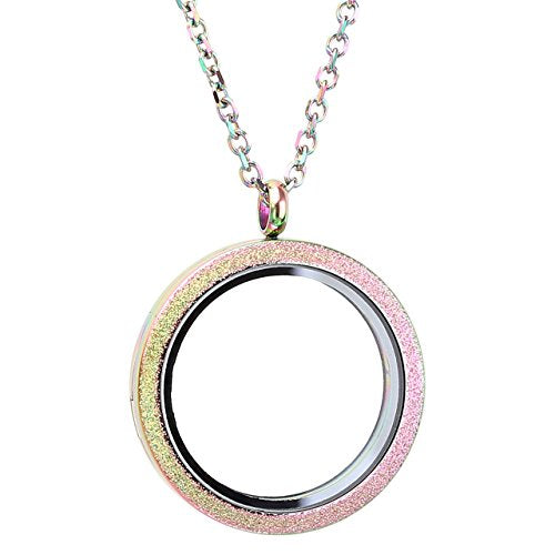Zysta Silver Round Locket Pendant Necklace 30mm Glossy Stainless Steel Clear Glass Living Memory Floating Charms Stone Storage - color: Rainbow-Matte-30mm