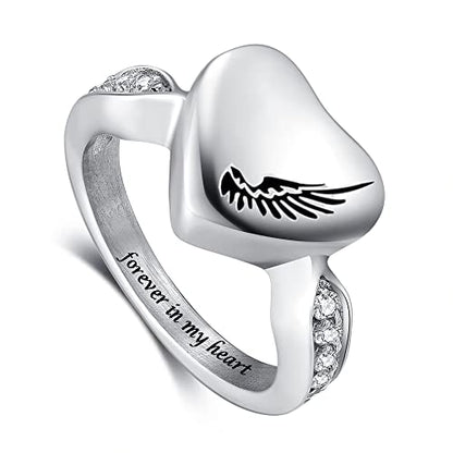 Angel Wing Ring for Ashes for Women Cremation Rings for Ashes Heart Urn Rings Stainless Steel Finger Ring (6) - size: 6