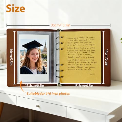 Photo Album 4x6, Leather Scrapbook Album with 50 Photos and 20 Writing Paper, DIY 6 Ring Binder Photo Album for Wedding Kids Birthday Family Travel - color: Transparent