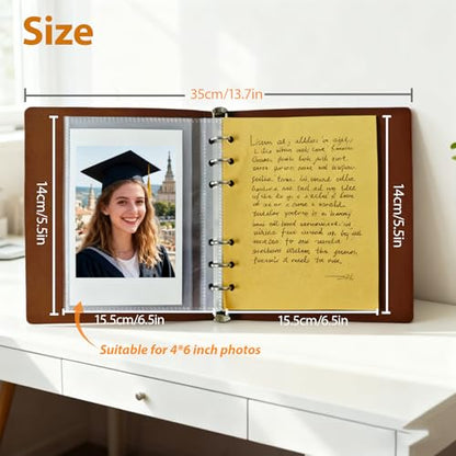 Photo Album 4x6, Leather Scrapbook Album with 50 Photos and 20 Writing Paper, DIY 6 Ring Binder Photo Album for Wedding Kids Birthday Family Travel - color: Transparent