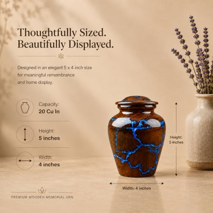 Small Cremation Urn for Human Ashes Adult - Keepsake Memorial & Funeral Urn for Mom, Dad | Premium Mini Rosewood Urn - Blue Resin Inlay | Sharing Urn for Men & Women, Pet Urn for Dog & cat - 20 CU/in - size: SMALL 20 Cu