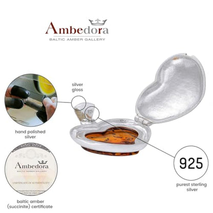 Women's Necklace, Medallion, Polished Sterling Silver with Protective Nanocoating, Amber Heart in Cognac Color, Silver Secret Pendant with Chain