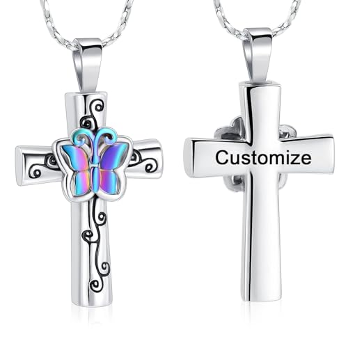 Butterfly Cross Urn Necklace for Ashes Birthstone Cremation Jewelry for Men Women Ashes Pendant Keepsake Memorial Ash Jewelry - color: Customize-2