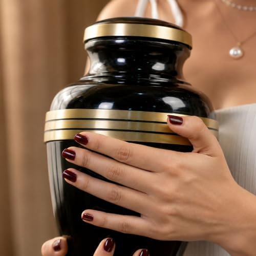 Cremation Urn for Human Ashes Adult Male/Female, 200+ Cubic Inch Capacity, 10 x 7 Inch Metal Funeral Urn with Secure Screw-Top Lid, Avlon Midnight Black Gold, Velvet Bag Included - color: Midnight Black Gold, size: Avlon 10x7