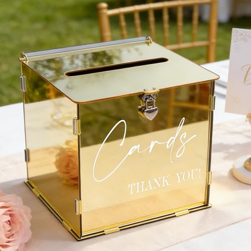 Gold Acrylic Card Box with Lock & Slot, Classy Golden Wedding Card Boxes for Reception, Luxury Monetary Envelope Gift Box for Party Graduation Birthday Anniversary Baby Shower All Occasions - color: Golden