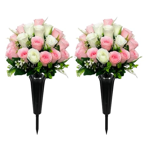 Artificial Cemetery Flowers,Cemetery Flowers for Grave,Outdoor Grave Decorations Roses,Memorial Flowers Bouquet with Cemetery Vase for Headstone Tombstone Decoration,2 Sets (Pink White) - color: Pink White