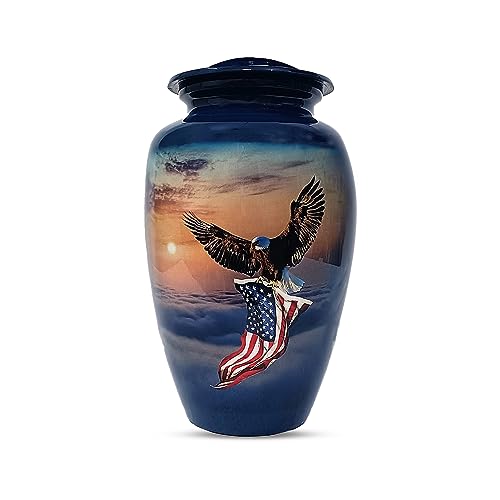 American Flag and Eagle Cremation Urn for Ashes, Adult, 200 Cubic Inches | 200 Cu In (Up to 200 lbs), Hand-Finished Aluminum, Secure Threaded Lid, For Veterans and Service Members - color: Blue, size: Large