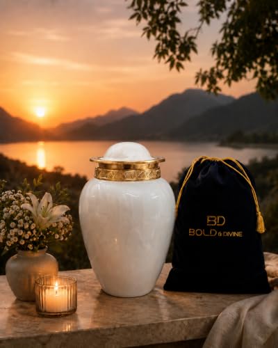 BOLD & DIVINE Pearl White Cremation Urn | Human Ashes Adult Memorial urn, Burial, Funeral Cremation Urns | 200 Cubic Inches (Large/Adult) with Velvet Bag