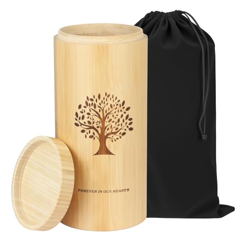 Large Urns for Human Ashes with Screw On Lid,Bamboo Cremation Urns for Ashes Adult Male Female Men Women,Large Scattering Tubes with Tree of Life Pattern,5.1 * 11 Inches,with Velvet Bag - size: Large urn with threaded lid