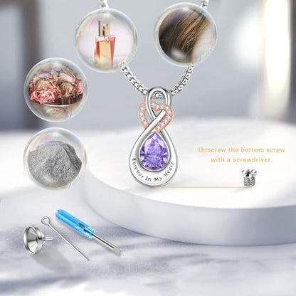 Infinity Urn Necklace for Ashes Sterling Silver Heart Moonstone Turquoise Birthstone Keepsake Memorial Cremation Jewelry for Women - style: Infinity A-06-Jun-Alexandrite