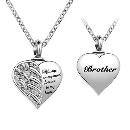 Guardian Angel Wings Cremation Jewelry for Ashes Heart Crystal Urn Necklaces for Ashes Memorial Keepsake Necklace Always on Mind Forever in My Heart - style: Brother
