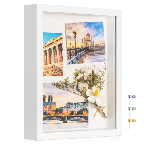 8x10Shadow Box Frame with Ultra-Clear Glass & Soft Linen Back | With Push Pins and Stand, Deep 1.2" White Shadow Box Display Case – Display on Tabletop or Wall for Photo, Flower, Keepsakes - color: White+high Definition Panel + Shatter-proof Packaging, si