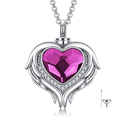 AOBOCO 925 Sterling Silver Angel Wing Heart Cremation Urn Necklace Holds Loved Ones Ashes, Memorial Keepsake Cremation Jewelry Necklace for Women - color: Silver with Purple Heart